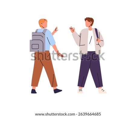 Students go to school, greeting each other. Friends with backpacks say hello or goodbye with hand gesture. Happy kids are waving. Children welcome together. Flat isolated vector illustration on white