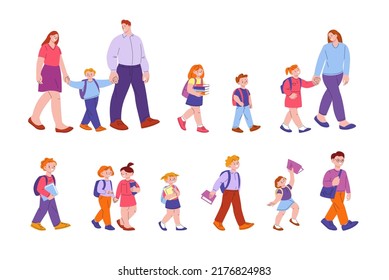 Los estudiantes van a la escuela. Niño con mochila caminando con sus padres para estudiar, niños y familia con libros. Caracteres vectoriales complicados del aprendizaje y la educación