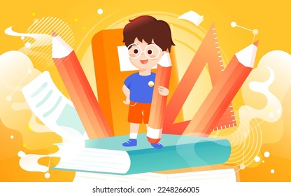 Students go to school in spring, background with various stationery and books, vector illustration, Chinese translation: back to school