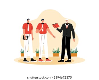 Students go to the teacher to ask to correct their assignments, school vector illustration.
