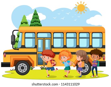 Students going to school by bus illustration