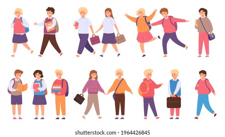 Students going to school. Happy children in uniform with book and bag walk, talk and run in groups. Middle school or college kids vector set. Cheerful female and male characters with backpack