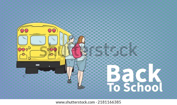 Students going to school\
using school bus, back to school vector illustration design\
concept