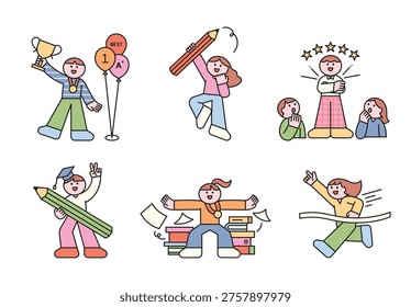 Students with good grades are posing happily while holding various items. Cute character with a round face, featuring a design and geometric shape.