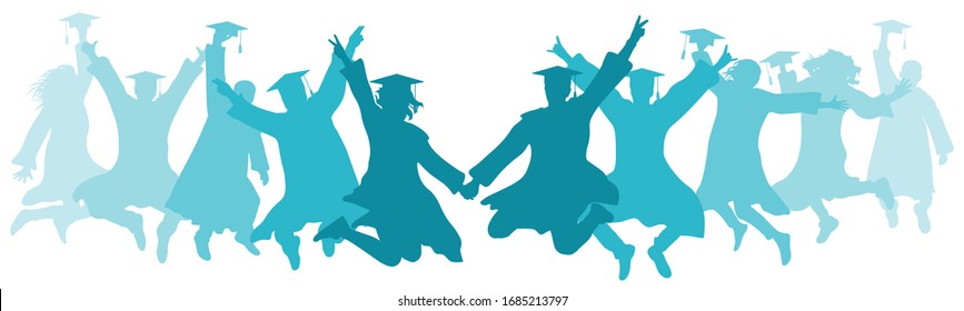 Students Graduates Jump, Colorful Silhouettes. Ceremony Of Graduation. Vector Illustration