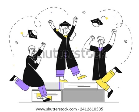 Students graduates linear concept. Men and woman with graduation. Students finish education and learning. College or university pupils. Doodle flat vector illustration isolated on white background