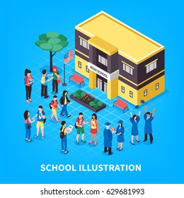 Students and graduates near school building with flag flowerbed and benches on blue background isometric vector illustration