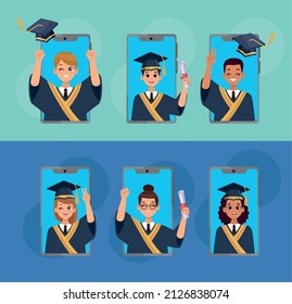 students graduates in smartphones characters