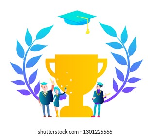 Students graduates stand near the big cup. Vector illustration in modern flat style for online advertising, web banners and much more.