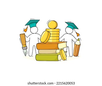 Students in graduation caps get money for education. Concept of scholarship, university grant, payment for tuition. Vector doodle illustration of man in academic hat and coins on books stack