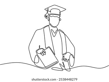 Estudantes com tampas de graduação ilustradas em desenho contínuo de uma linha. Conceito educacional que mostra a alegria da formatura e do aprendizado.