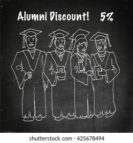 Students Graduation Celebration. Alumni Discount. Chalk drawn vector stock illustration. 