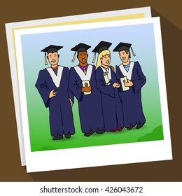 Students Graduation Celebration on photos. hand drawn vector stock illustration. Happiness memory concept.