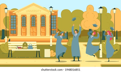 Students Graduation Ceremony with Young People Cartoon Characters in Academic Caps and Gowns Joyful with Getting Diploma. University or College Building and Park Background. Flat Vector illustration.