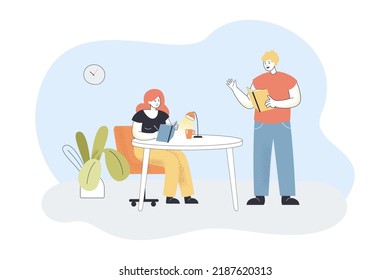 Students greeting each other while studying. Girl sitting at desk and reading book flat vector illustration. Friendship, education, meeting concept for banner, website design or landing web page
