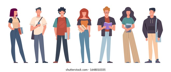 Students. Group of students in casual wear standing with books, backpacks and smartphones, education in college, university vector studying characters