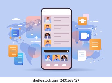 students group discussing during online video call on smartphone screen virtual conference education day live webinar e-learning