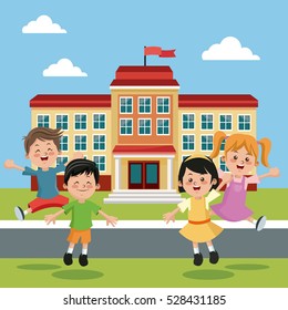 students group happy back school building