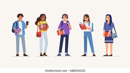 Students group holding books and gadgets. Diverse People study together. Education and Knowledge concept with Characters. Flat cartoon vector illustration isolated.