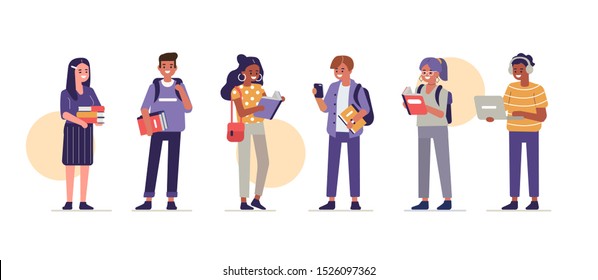 Students Group Holding Books and Gadgets. Diverse People Study Together. Girls and Boys in Modern Clothes. Education and Knowledge Concept with Characters. Flat Cartoon Vector Illustration isolated.
