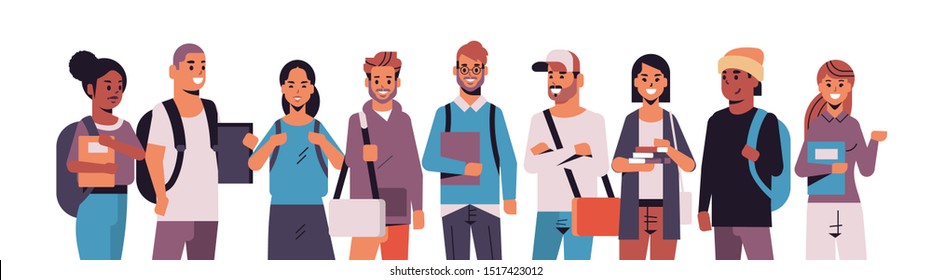 students group holding books mix race girls and guys with backpacks standing together education concept female male cartoon characters horizontal portrait flat