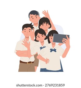 students group selfie asian thai students in school uniform smiling and waving. education concept