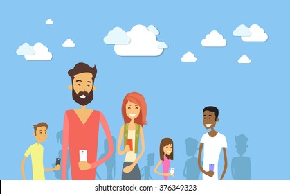 Students Group With Smart Cell Phone Social Network Communication Concept Vector Illustration