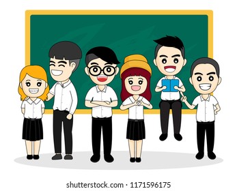 Students group standing together in front of blackboard