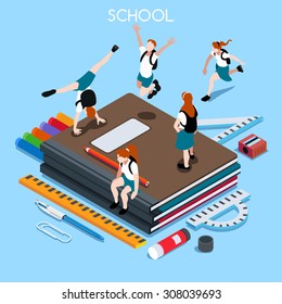 Students Group Stationery department market icon. 3D Flat banner Isometric People Student School concept creative design collection. Education Infographic Kid Homework Stationery Vector Illustration