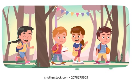Students group walking trough park path, talking, smiling. Happy kids friends boys, girls returning from school carrying, backpack, bag. People chatting. Education, friendship flat vector illustration