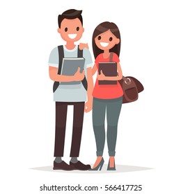 Students guy and girl with books on a white background. Vector illustration in a flat style