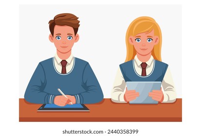 Students guy and girl with graphic and computer tablet at practical class. Characters in business suits work on touch tablets. The concept of learning, working, mastering a profession.  Vector