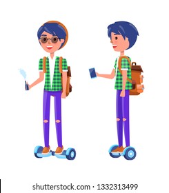 Students with gyroscooter and smoking vape in hands. Boy riding hoverboard and smiling, male wearing glasses and thorn trousers, teenagers vector