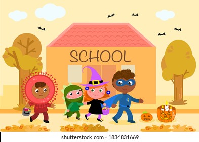 Students in Halloween costumes, witch, dinosaur, superhero and coronavirus doing trick or treat near school. Cartoon vector illustration