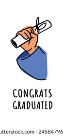 La mano del estudiante con un diploma. Un pergamino atado con una cinta. Certificado de rendimiento académico. Ilustración plana en estilo de dibujos animados. Inscripción con felicitaciones por la graduación.