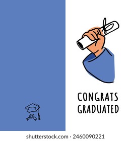 Student's hand with a diploma. A scroll tied with a ribbon. Certificate of academic achievement. Flat illustration in cartoon style. Postcard with congratulations on the graduation.