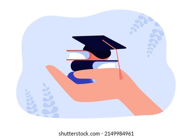 Students hand holding graduate cap and books. University study offer for person flat vector illustration. Intelligence, education, achievement concept for banner, website design or landing web page