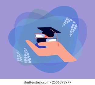 Students hand holding graduate cap and books. University study offer for person flat vector illustration. Intelligence, education, achievement concept for banner, website design or landing web page