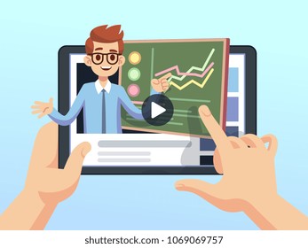 Students hands holding tablet with online finance seminar on screen. Distance business education and webinar vector concept. Web training and education, finance knowledge illustration