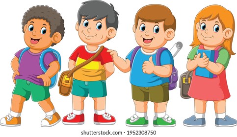 Die Studenten hängen zusammen mit dem glücklichen Gesicht der Illustration