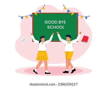 Students are happy about school graduation day, holiday time to welcome the new year, year end vector illustration.
