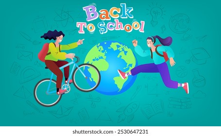 Los estudiantes están felices de ir a la escuela con la mochila. Regreso a la escuela. Linda chica de la escuela. Gran colección Clipart educativa. objetos de clase con suministros. íconos de temas, libros, papelería. Vector