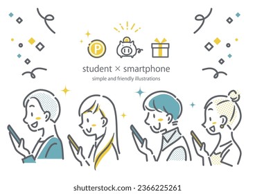 students happy with smartphone, simple illustration