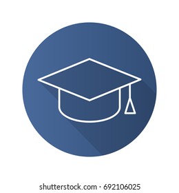 Student's Hat Flat Linear Long Shadow Icon. Square Academic Graduation Cap. Vector Outline Symbol