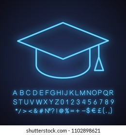 Student's hat neon light icon. Square academic graduation cap. Glowing sign with alphabet, numbers and symbols. Vector isolated illustration