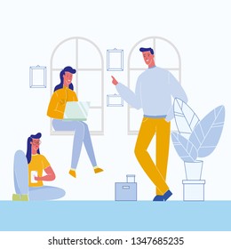 Students Having Break Flat Vector Illustration. Friends Spending Time Together. Character In Cafe, Room. Open Space Office. Coworking. Woman With Laptop Sitting On Window Sill. Colleagues Talking