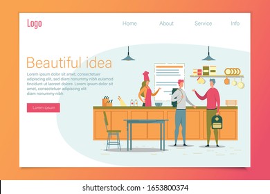 Students Having Conversation in Canteen at College or University Flat Cartoon Banner Vector Illustration. Woman Chef in Apron and Cap Serving Food. Guys Coming to Dining Room to Eat. Beautiful Idea.