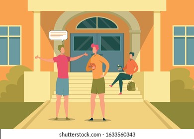Students Having Conversation with University or College on Background Flat Cartoon Vector Illustration. Boys Deciding to Play Basketball. Guy Holding Ball. Character Sitting on Stairs and Reading.