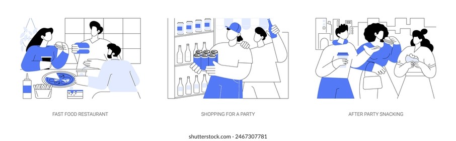 Students having fun isolated cartoon vector illustrations set. Diverse young people sitting at fast food restaurant, teenagers shopping for a party, having snack after night club vector cartoon.