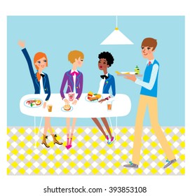 Students having lunch in school buffet. College cafe. vector illustration